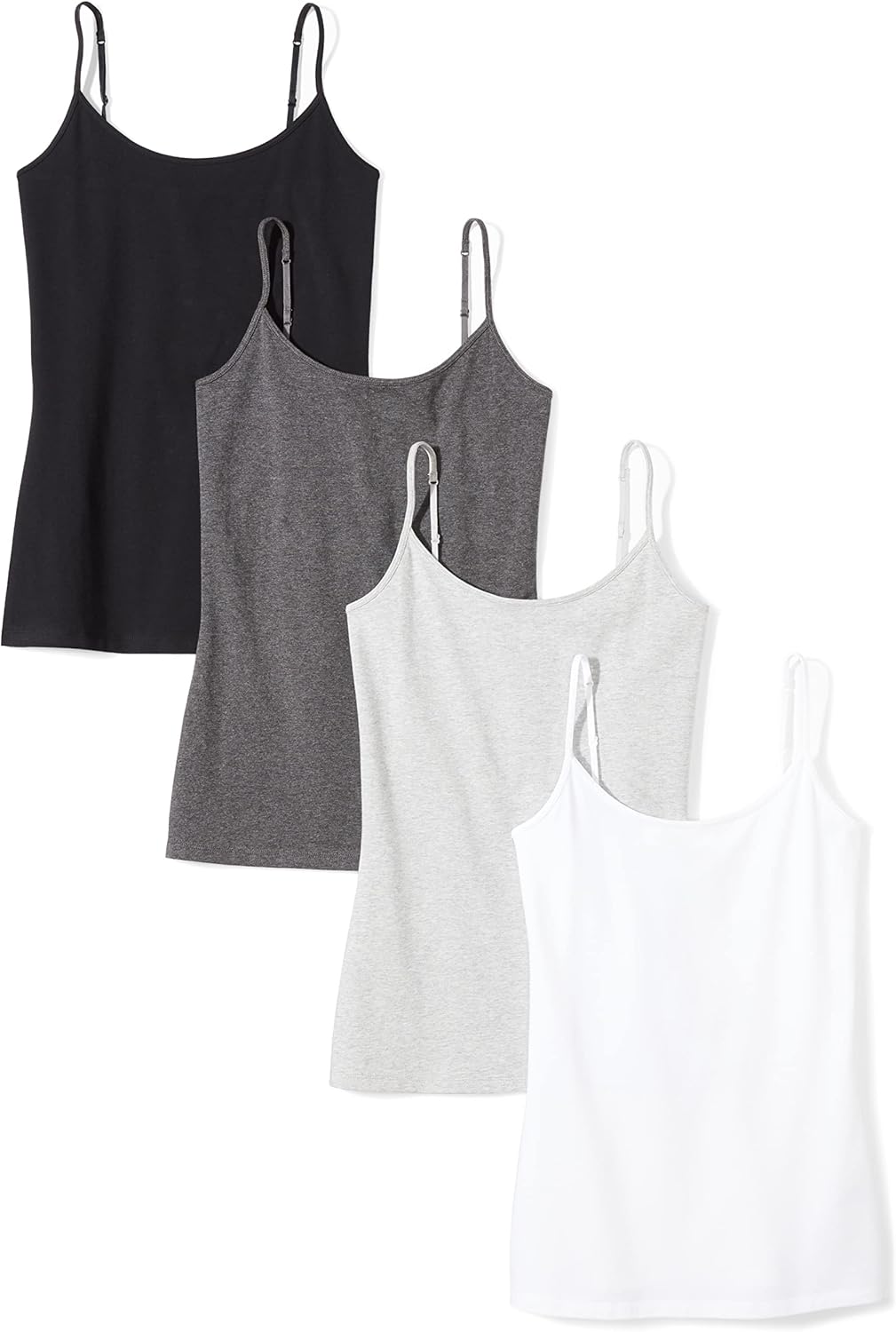 Amazon Essentials women's slim-fit camisoles in black, charcoal, grey and white, a pack of four