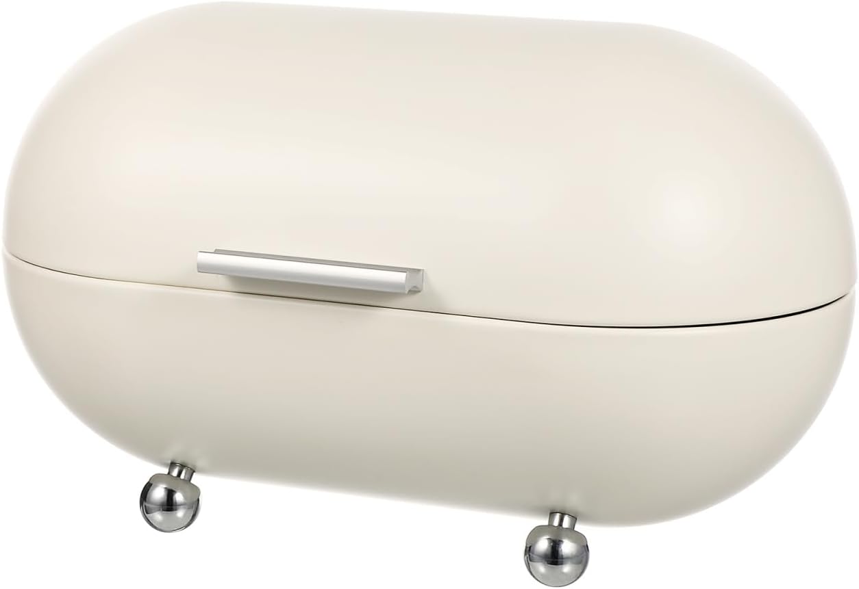 Angoily cream powder-coated metal bread box with a curved lid and chrome ball feet