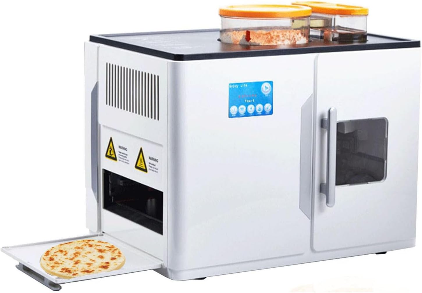 Fully automatic roti maker in stainless steel with a touchscreen and a fresh puffed roti on the output tray