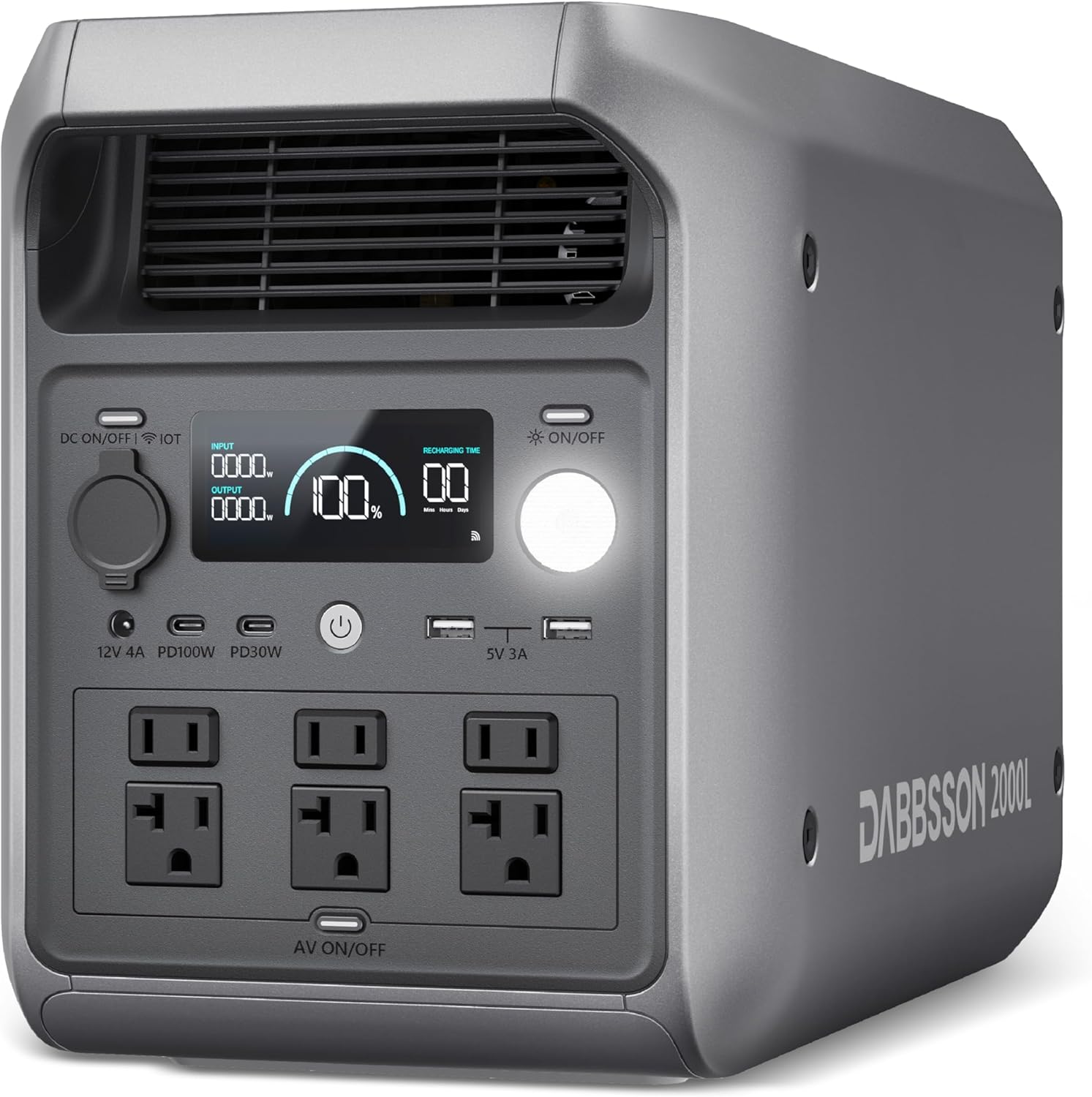 DABBSSON 2000L portable power station with its display, AC outlets and USB ports