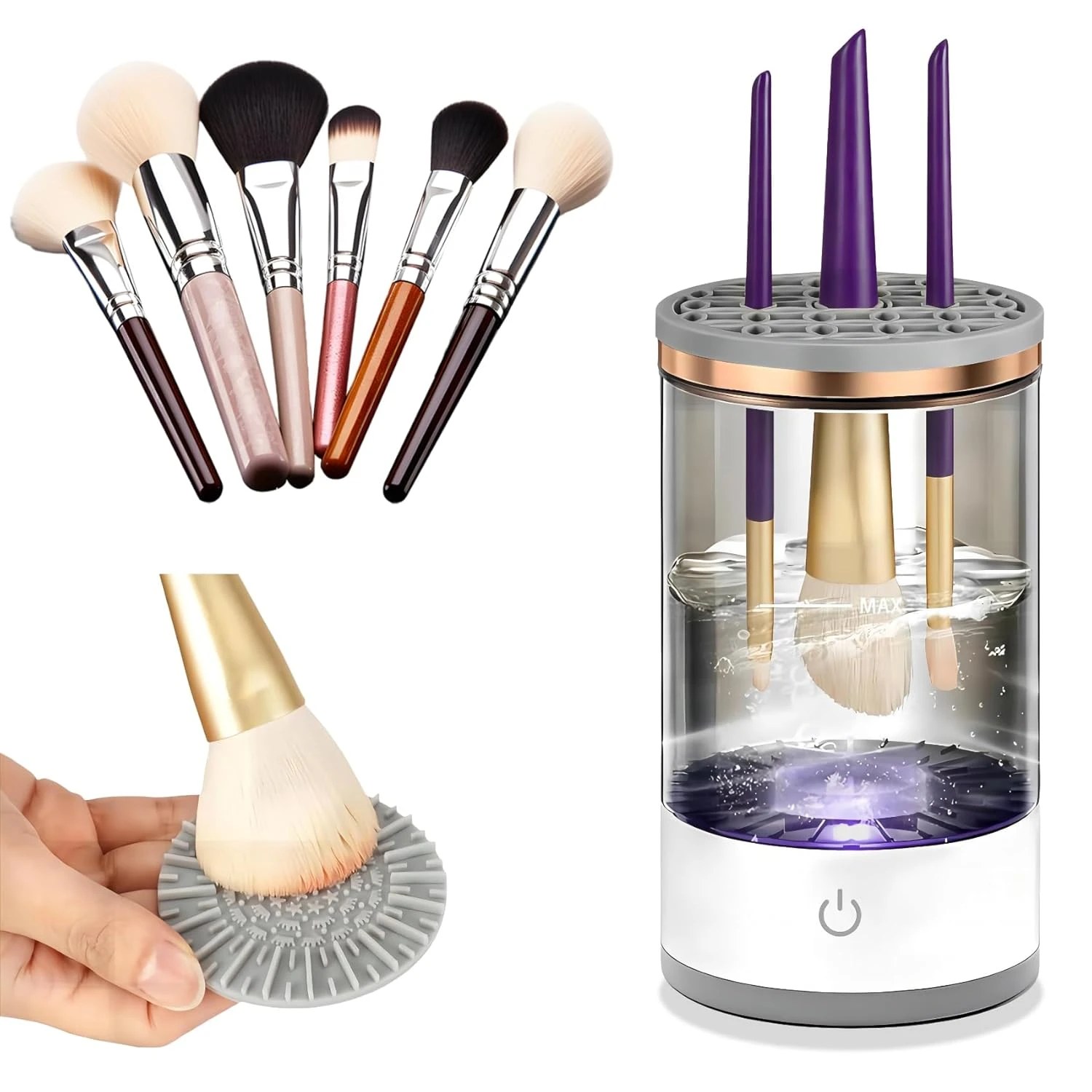 Electric makeup brush cleaner machine with a set of clean makeup brushes