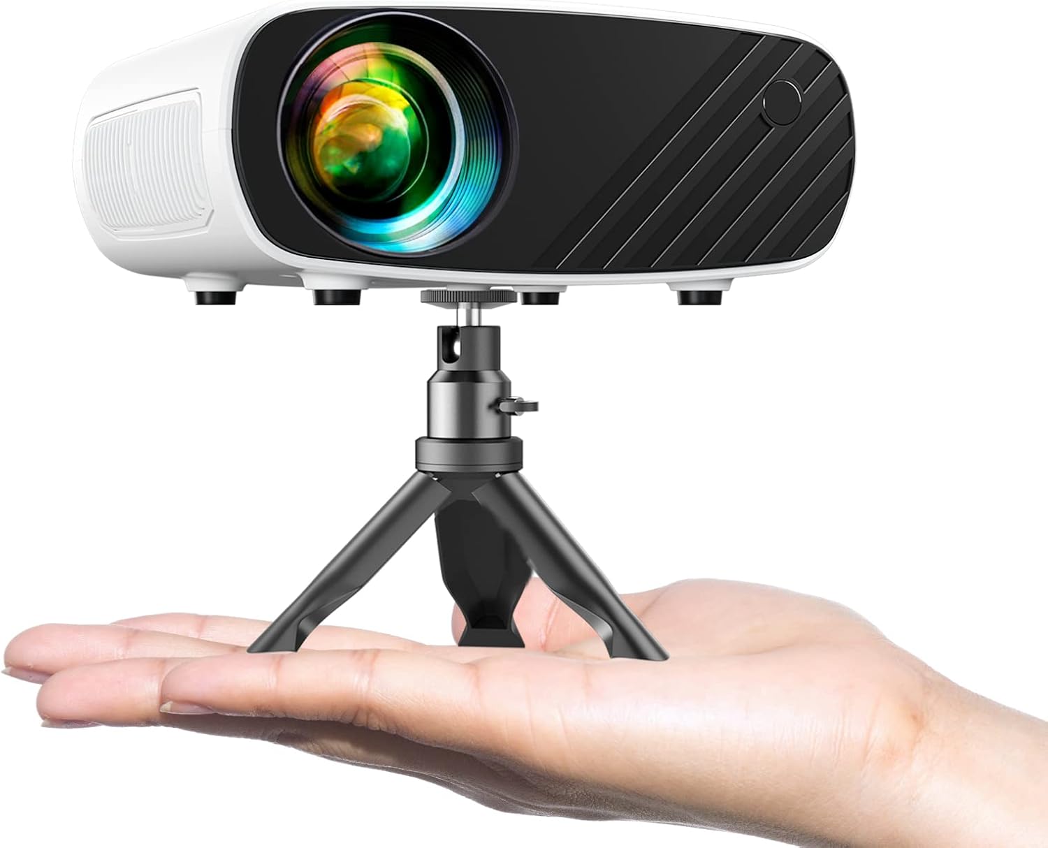 ELEPHAS mini projector on its included tripod, held in the palm of a hand to show its phone-sized footprint