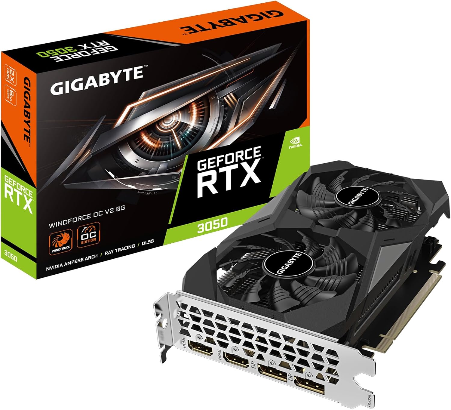GIGABYTE GeForce RTX 3050 WINDFORCE OC V2 6G graphics card with its dual fans and retail box