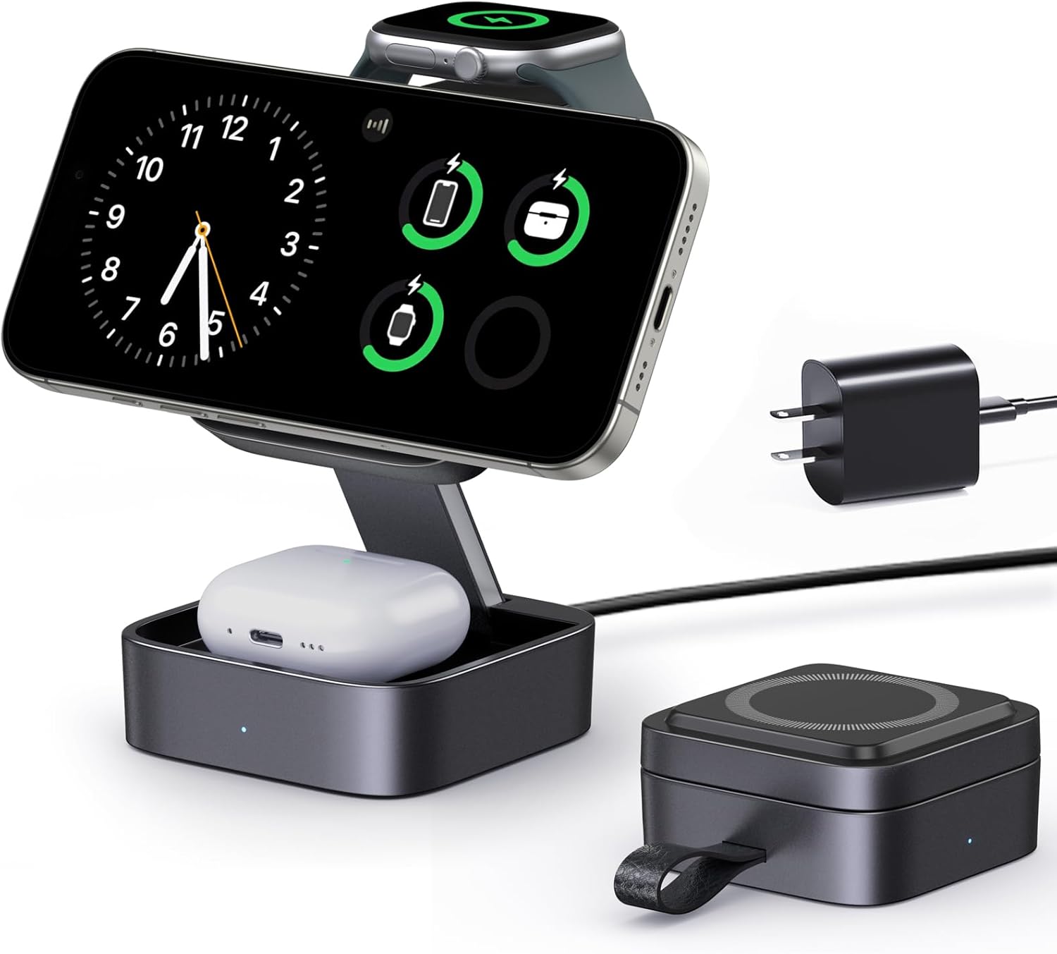 KEEPRO 3-in-1 foldable wireless charging station charging an iPhone, Apple Watch and AirPods, with the included USB-C wall adapter