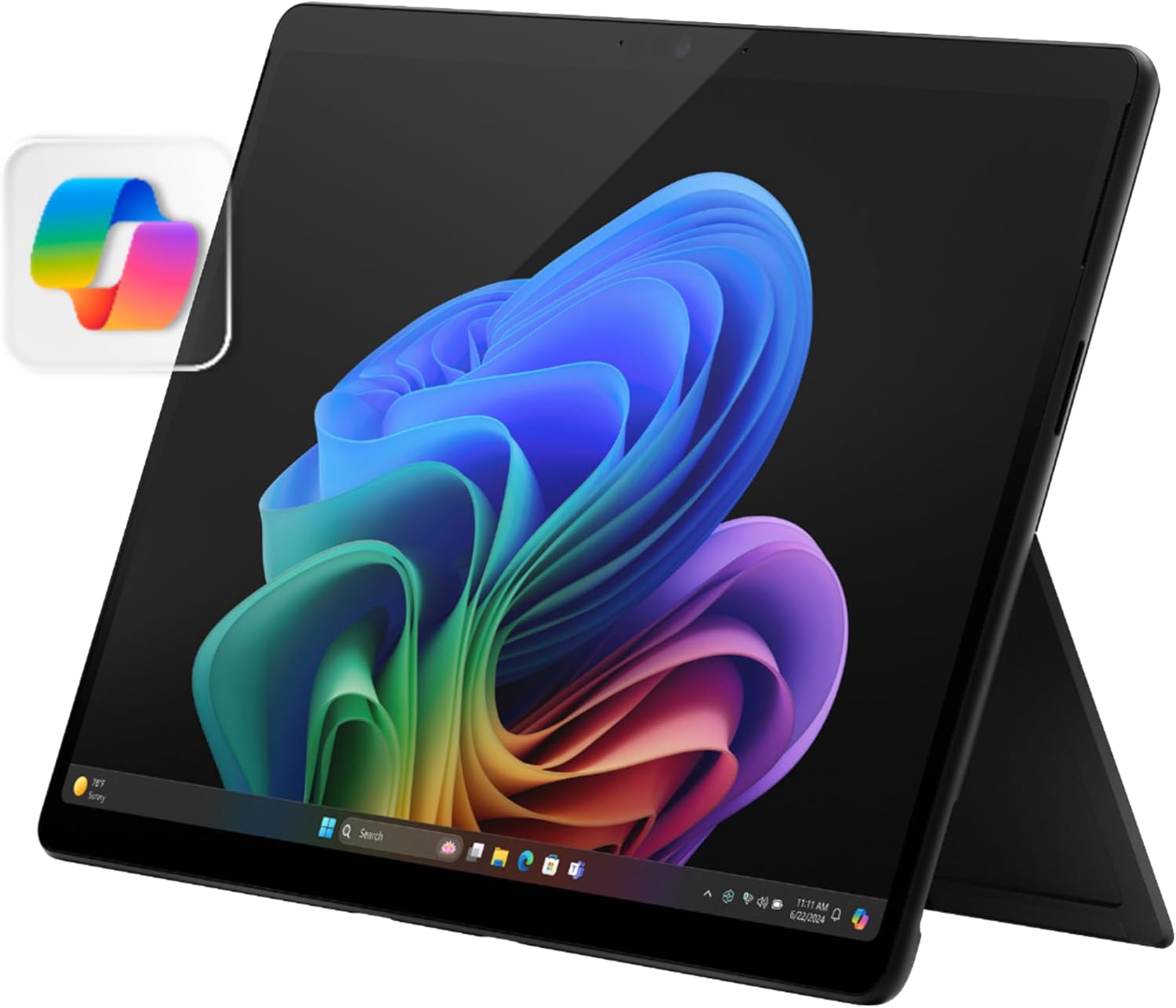 Microsoft Surface Pro (2024) 2-in-1 in black with its built-in kickstand and a vivid OLED display