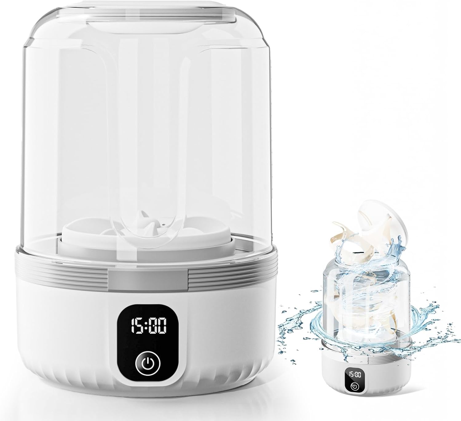 Mini portable underwear washing machine in white with an LED touch screen and a cutaway showing the wash action