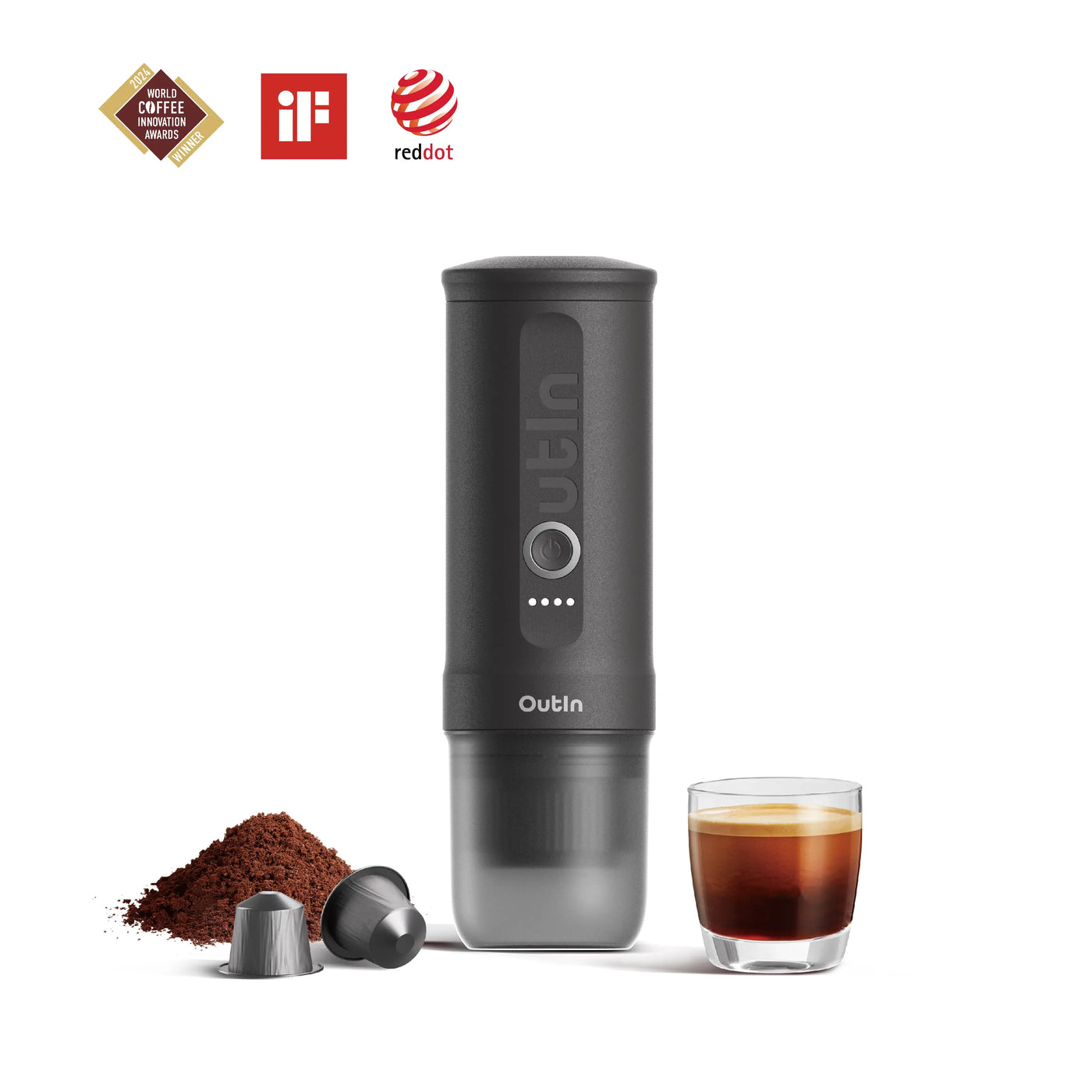 OutIn Nano portable electric espresso machine in space grey with a fresh shot of espresso, ground coffee and capsules