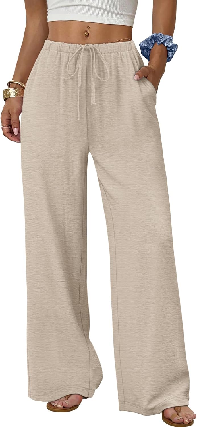 Woman wearing Sampeel apricot wide-leg palazzo pants with a drawstring waist and pockets