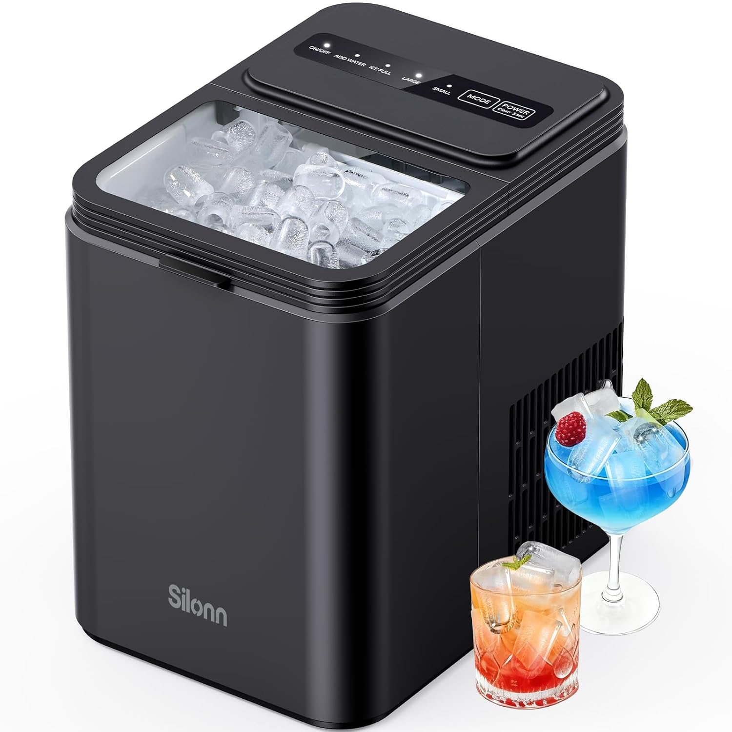 Silonn black countertop ice maker full of bullet ice next to two iced drinks