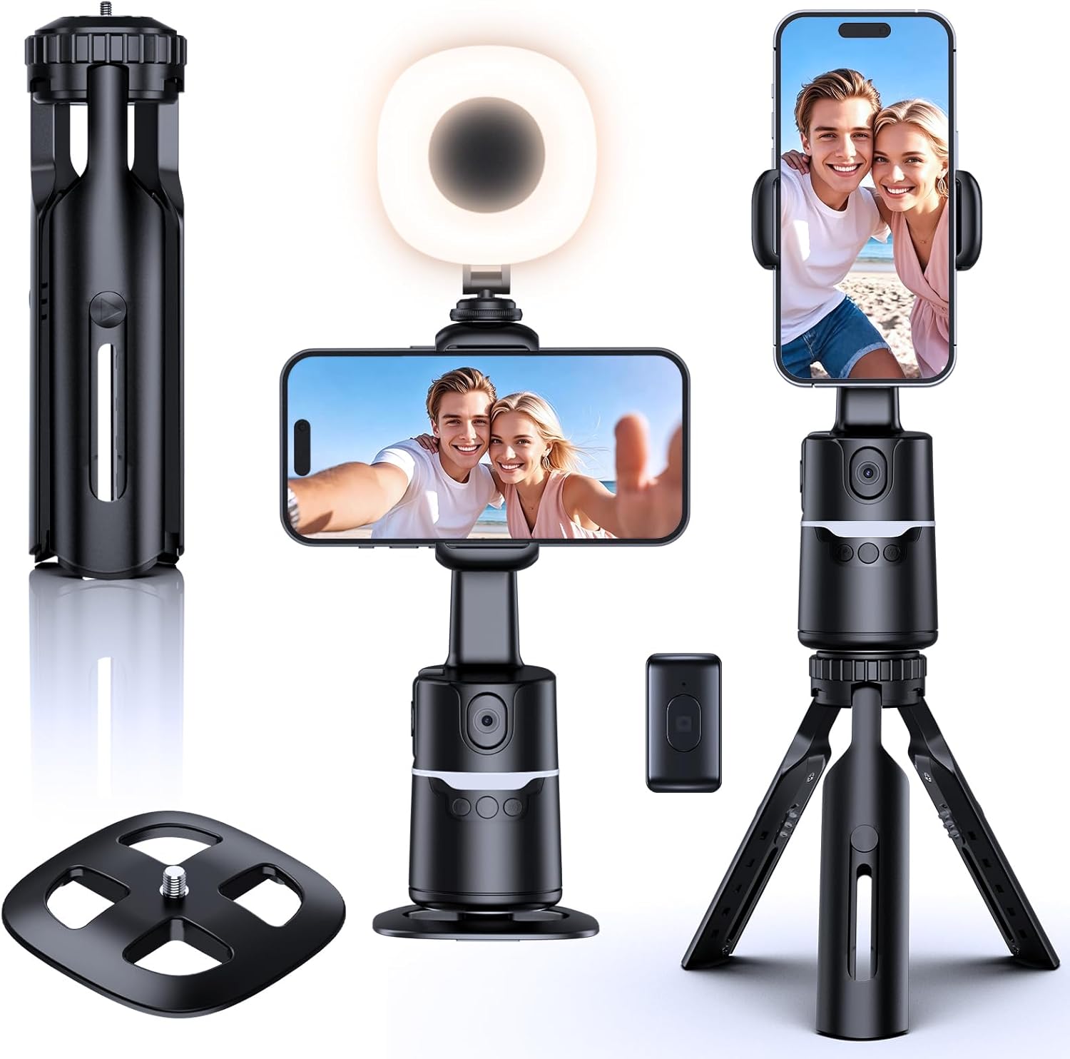 UBeesize 360 auto face tracking phone mount with fill light, tripod base and Bluetooth remote
