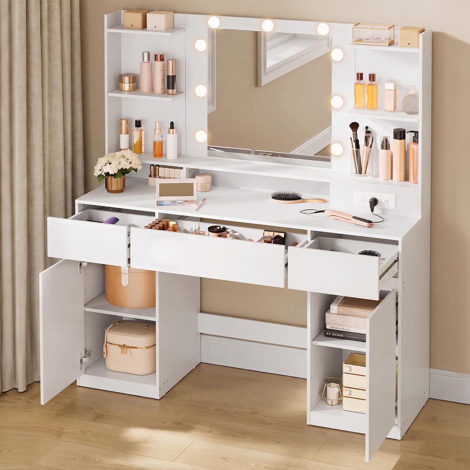VASAGLE Kailyn white vanity makeup desk with a lighted mirror, drawers, cabinets and built-in power outlets