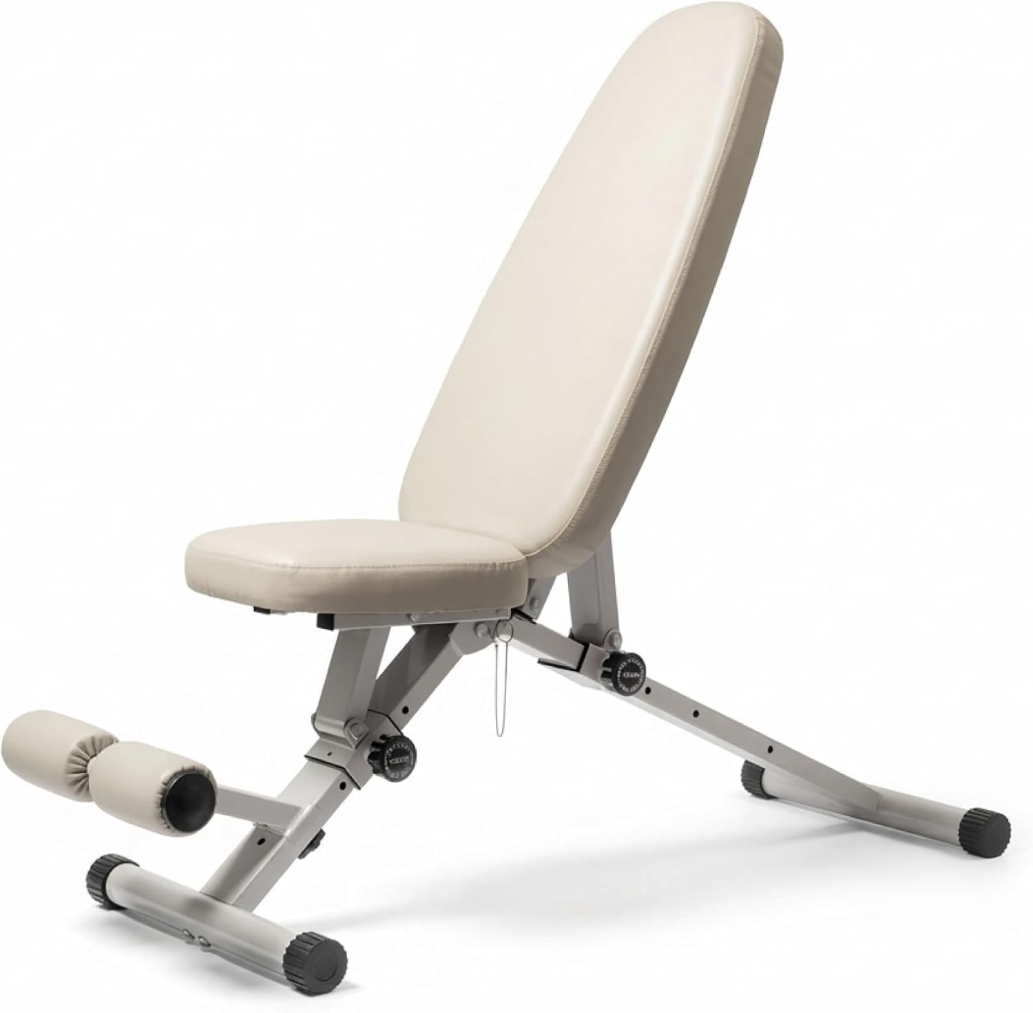 WeGym adjustable fitness bench in sandstone vegan leather, set to an incline with leg rollers